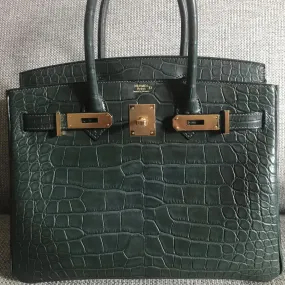 Hermès Birkin 30 Vert Fonce Alligator Mississippi Matte Gold Hardware GHW