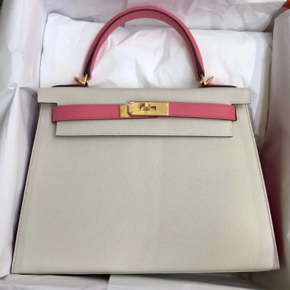 Hermès Kelly 28 Craie/Rose Azalee Sellier Epsom Brushed Gold Hardware BGHW