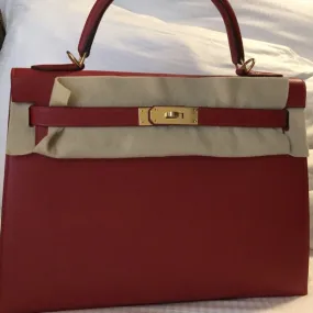 Hermès Kelly 32 Rouge Casaque Sellier Epsom Gold Hardware GHW