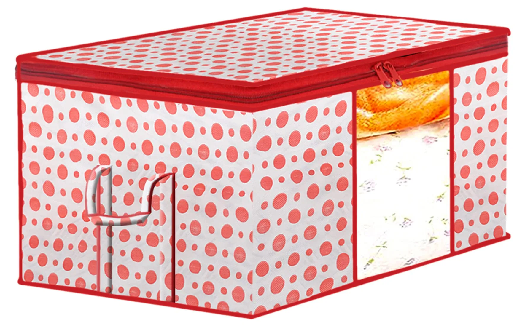 Kuber Industries Dot Printed Multiuses Non Woven Underbed/Storage Bag/Organizer With Transparent Window & Handle (Pink)-46KM0589