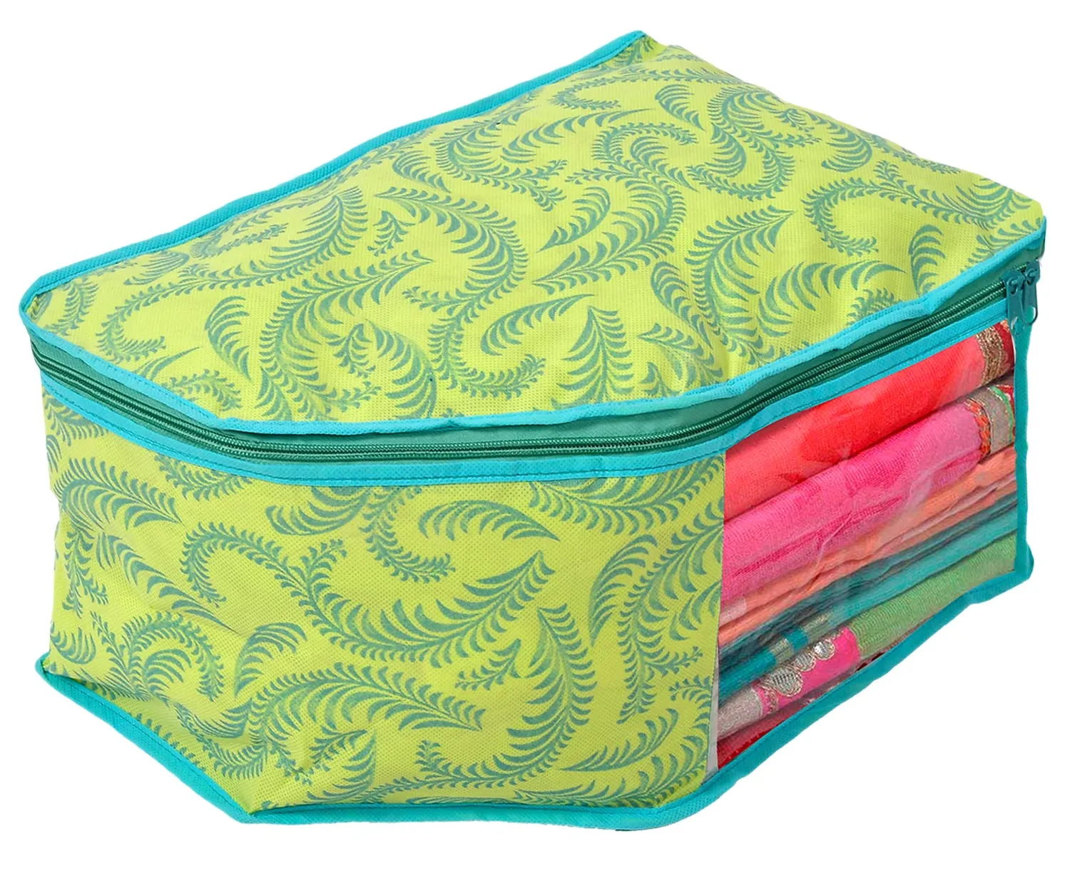 Kuber Industries Leaf Design Non-woven Foldable 3 Saree & 3 Blouse Cover/Clothes Storage Bag/Wardrobe Organizer Set With Transparent Window- Pack of 6 (Green)-44KM0569