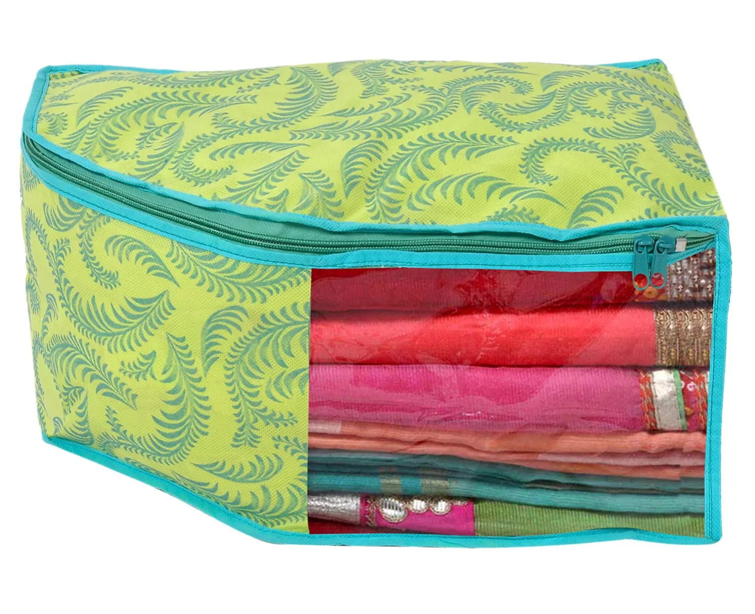 Kuber Industries Leaf Design Non-woven Foldable 4 Saree & 4 Blouse Cover/Clothes Storage Bag/Wardrobe Organizer Set With Transparent Window- Pack of 8 (Green)-44KM0571