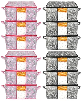 Kuber Industries Metalic Leafy,Flower Print Non Woven 12 Pieces Underbed Storage Bag,Cloth Organiser,Blanket Cover with Transparent Window (Black & Pink)-KUBMART16663