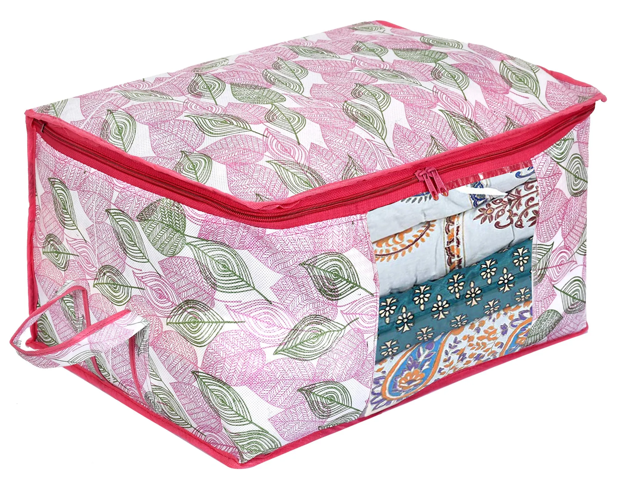 Kuber Industries Metalic Leafy,Flower Print Non Woven 12 Pieces Underbed Storage Bag,Cloth Organiser,Blanket Cover with Transparent Window (Black & Pink)-KUBMART16663