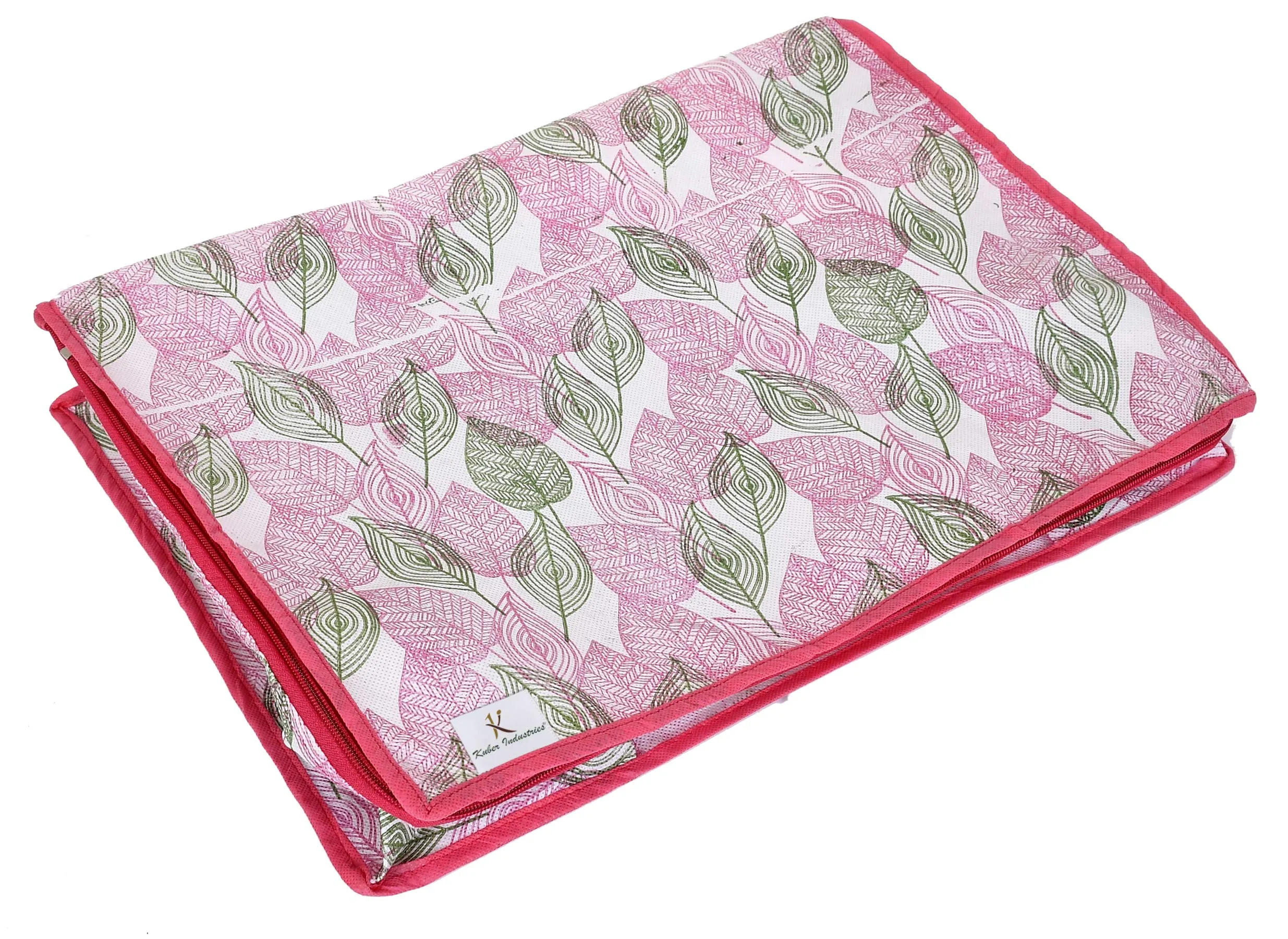 Kuber Industries Metalic Leafy,Flower Print Non Woven 12 Pieces Underbed Storage Bag,Cloth Organiser,Blanket Cover with Transparent Window (Black & Pink)-KUBMART16663