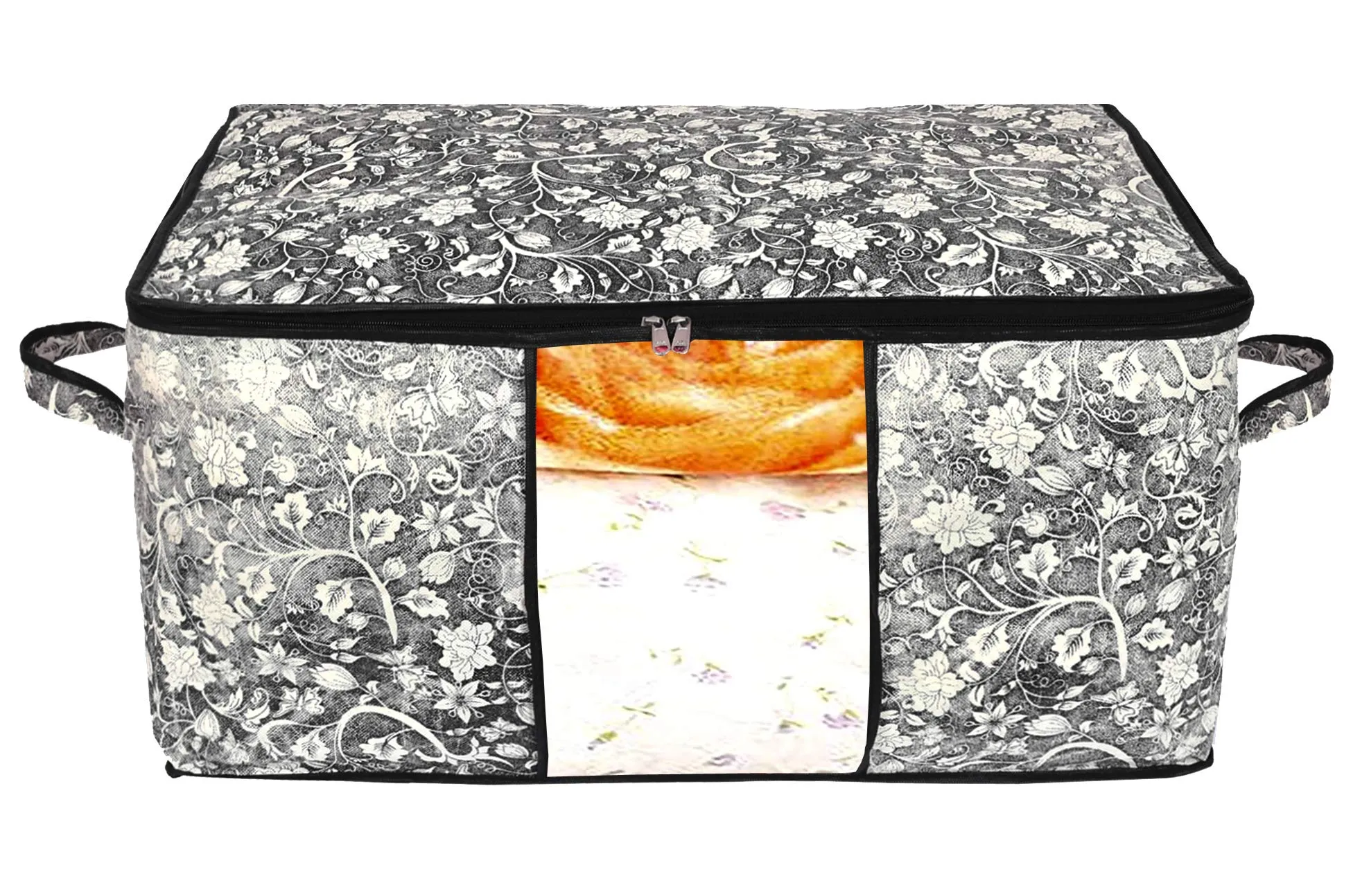 Kuber Industries Metalic Leafy,Flower Print Non Woven 12 Pieces Underbed Storage Bag,Cloth Organiser,Blanket Cover with Transparent Window (Black & Pink)-KUBMART16663