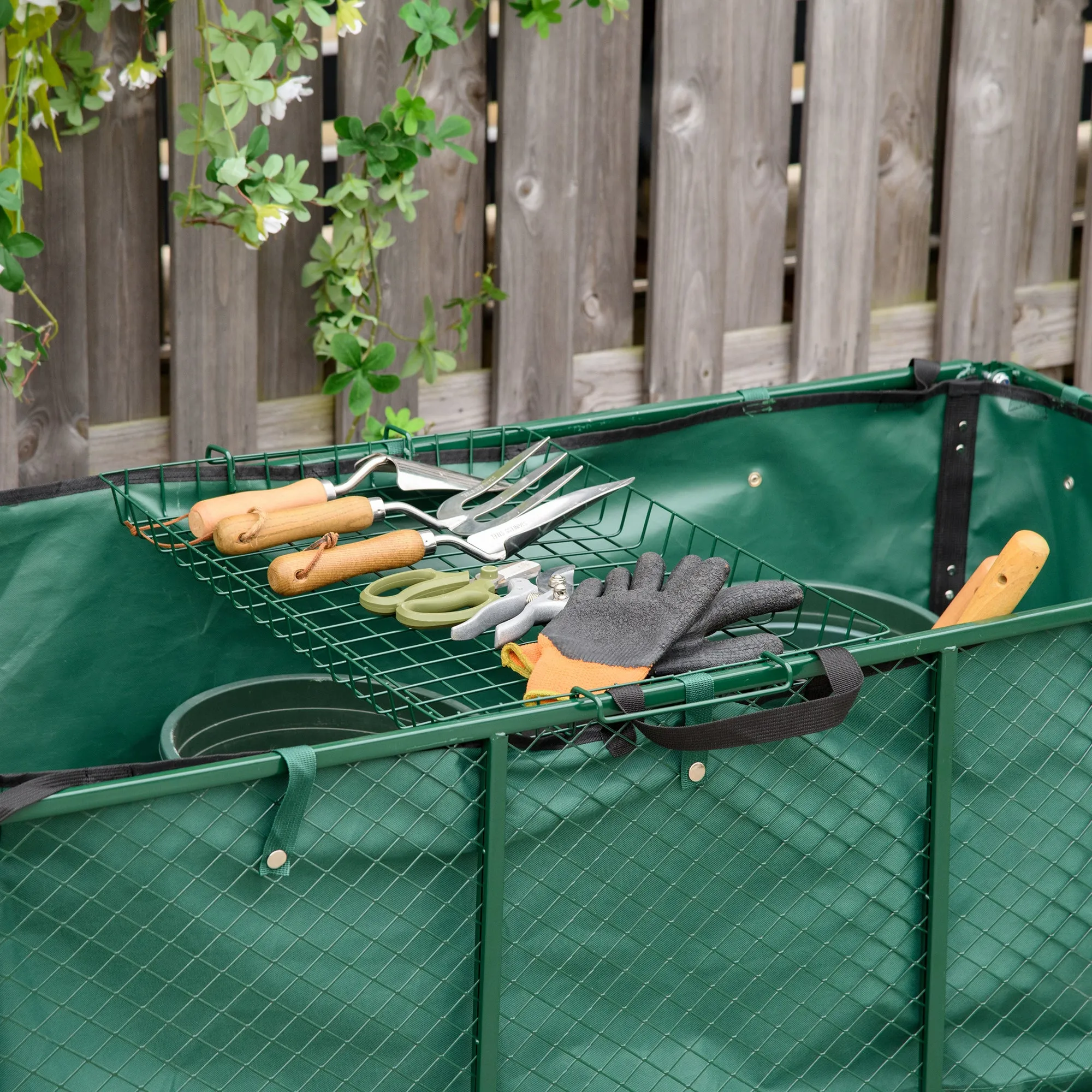 Large 4 Wheel Heavy Duty Garden Trolley Cart Wheelbarrow with Handle and Metal Frame - Green