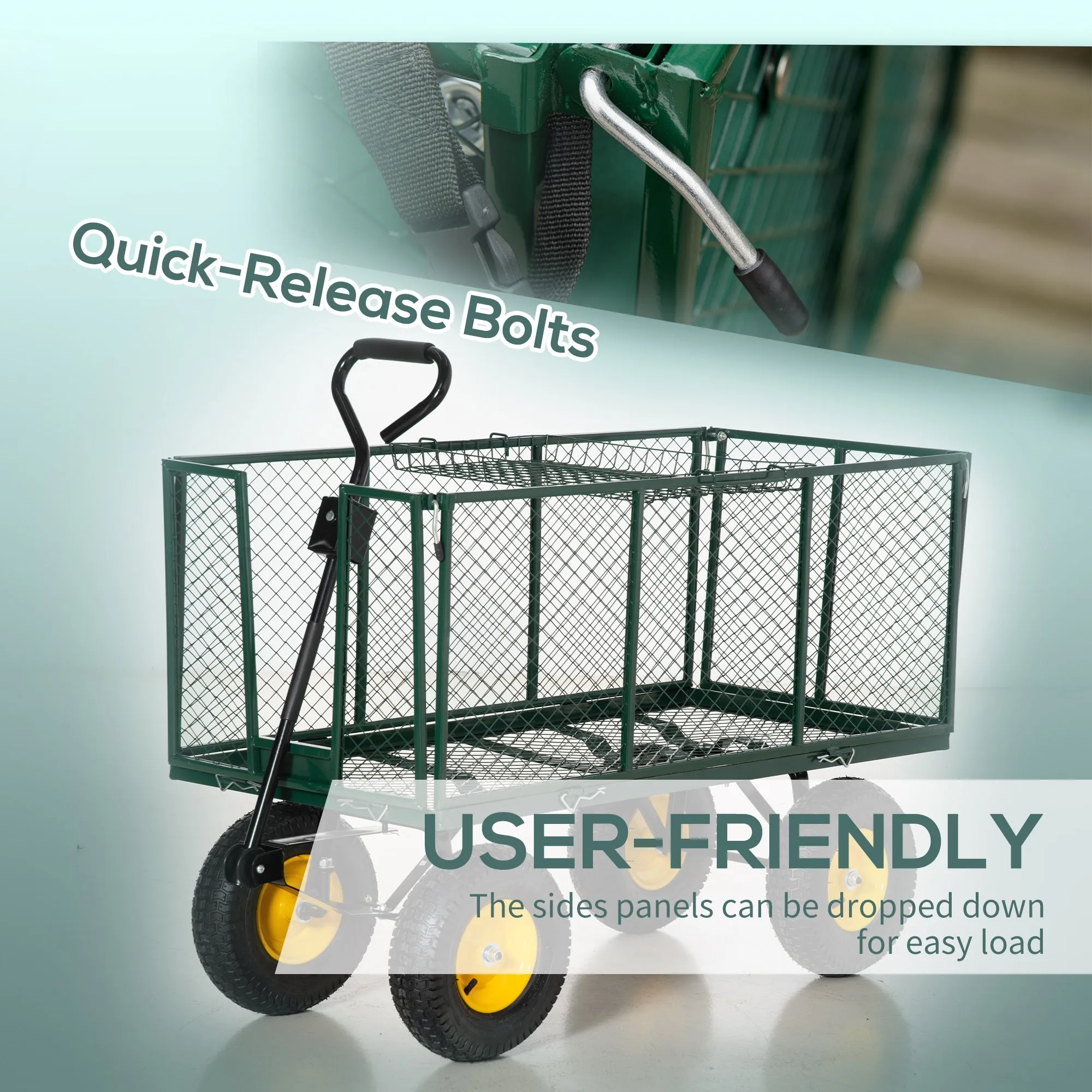 Large 4 Wheel Heavy Duty Garden Trolley Cart Wheelbarrow with Handle and Metal Frame - Green