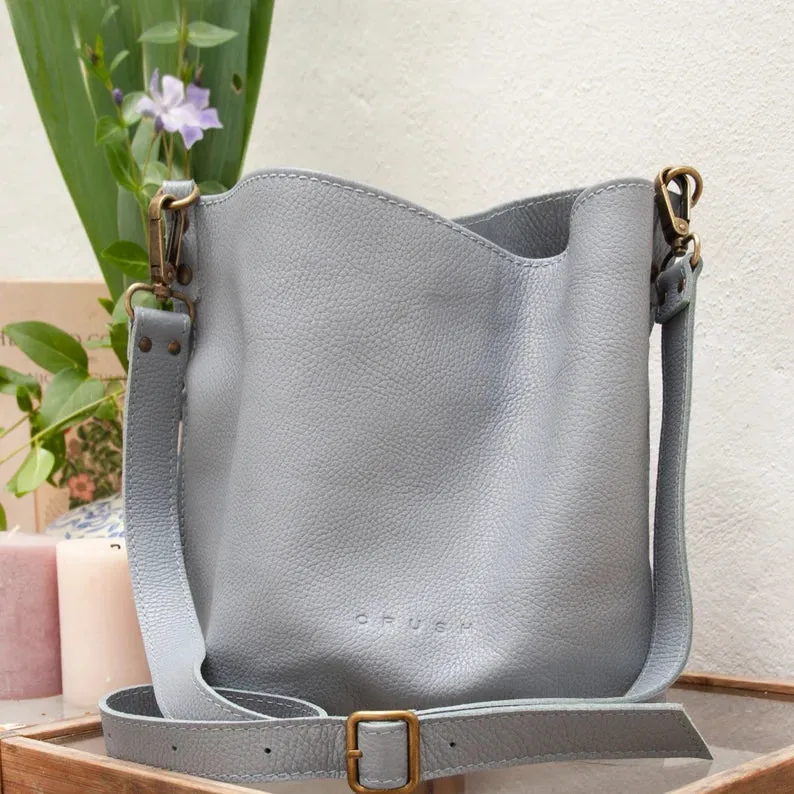 Leather Shoulder Bag-Bucket Crossbody-Moss Color