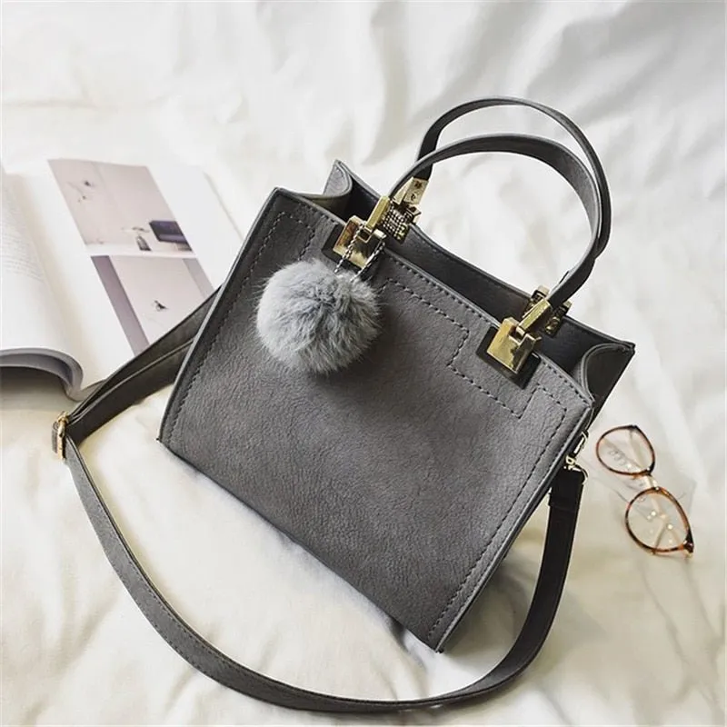 LEFTSIDE Large Suede Leather With Fur Ball Handbag