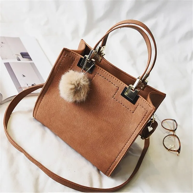 LEFTSIDE Large Suede Leather With Fur Ball Handbag