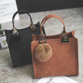 LEFTSIDE Large Suede Leather With Fur Ball Handbag