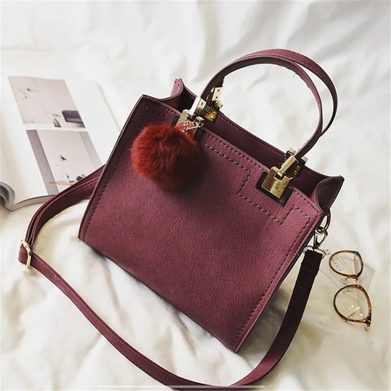 LEFTSIDE Large Suede Leather With Fur Ball Handbag