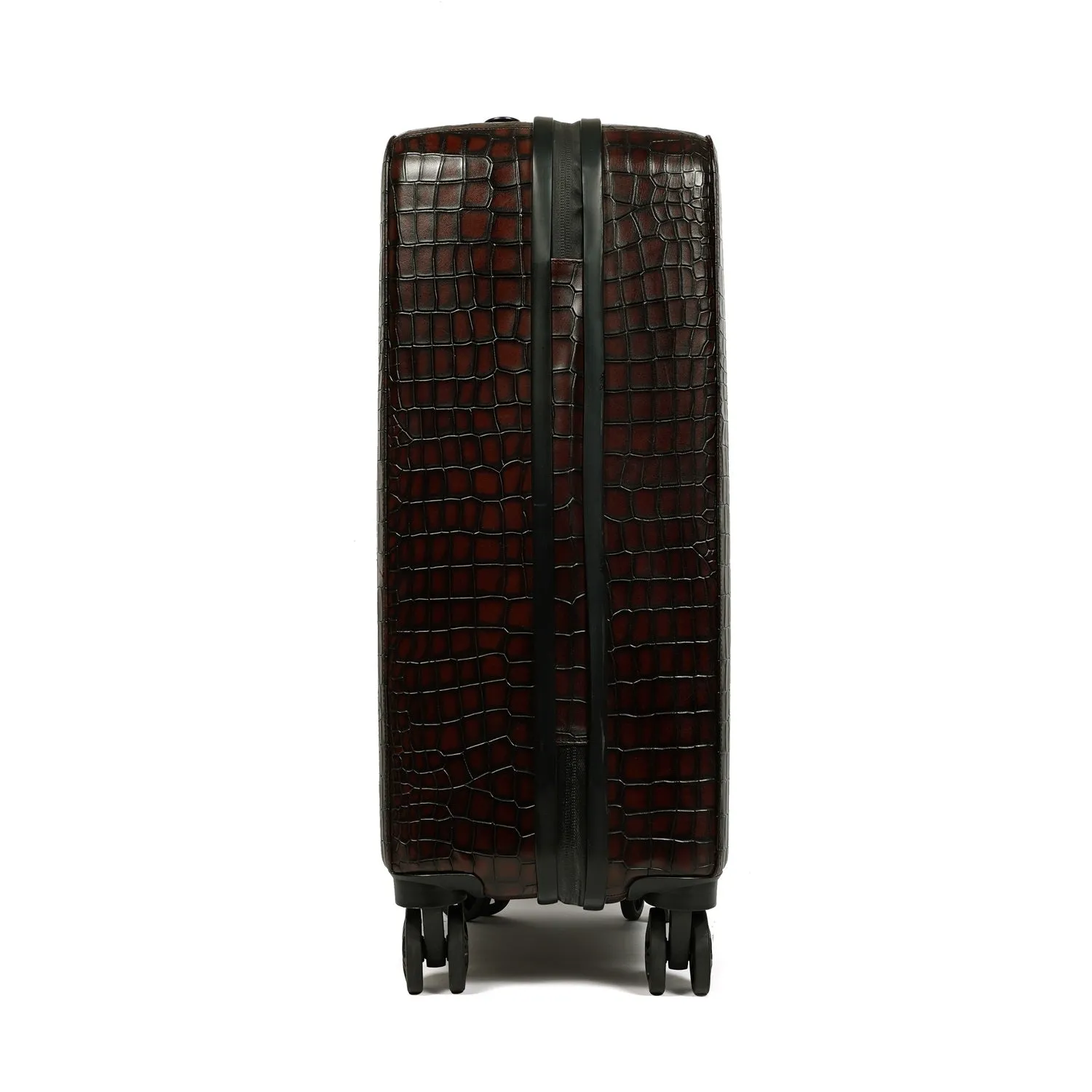 Light Weight Cabin Luggage Dark Brown Croco Textured Leather Trolley bag (360 Rotation)