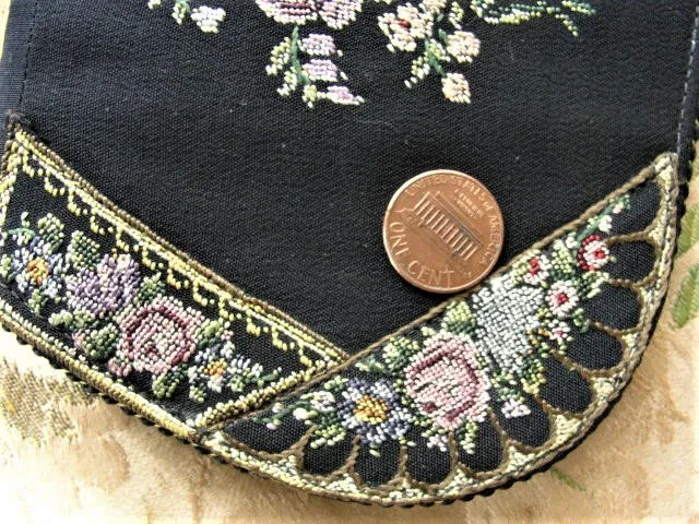 LOVELY Antique Petit Point Needlework Tapestry Purse Colorful Roses Handbag Evening Clutch Pastel Colors with Black Bag Collectible Purses