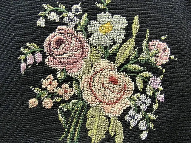 LOVELY Antique Petit Point Needlework Tapestry Purse Colorful Roses Handbag Evening Clutch Pastel Colors with Black Bag Collectible Purses