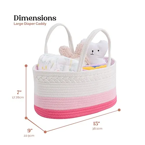 luxury little Diaper Caddy Organizer, Large Cotton Rope Nursery Basket, Changing Table Organizer for Baby Diaper Storage, Portable Car Organizer with Removable Divider, Baby Shower Gifts - Pink