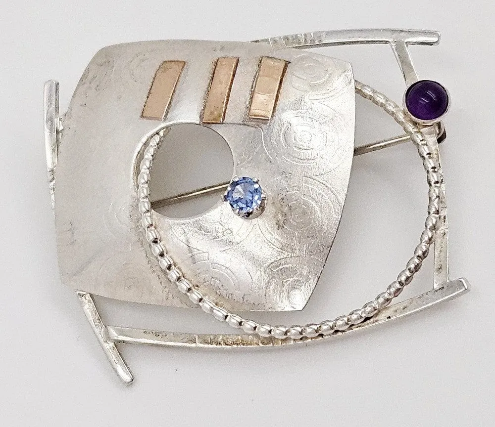 Lynda Thorp Sterling 14K Amethyst Blue Topaz Modernist Abstract Brooch 1994