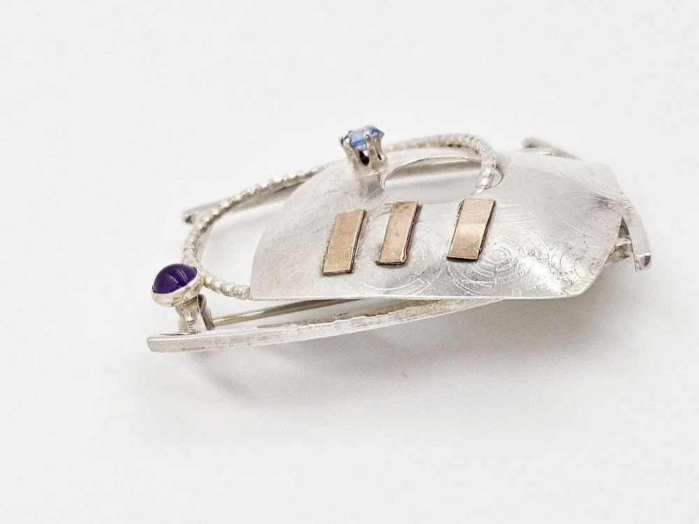 Lynda Thorp Sterling 14K Amethyst Blue Topaz Modernist Abstract Brooch 1994