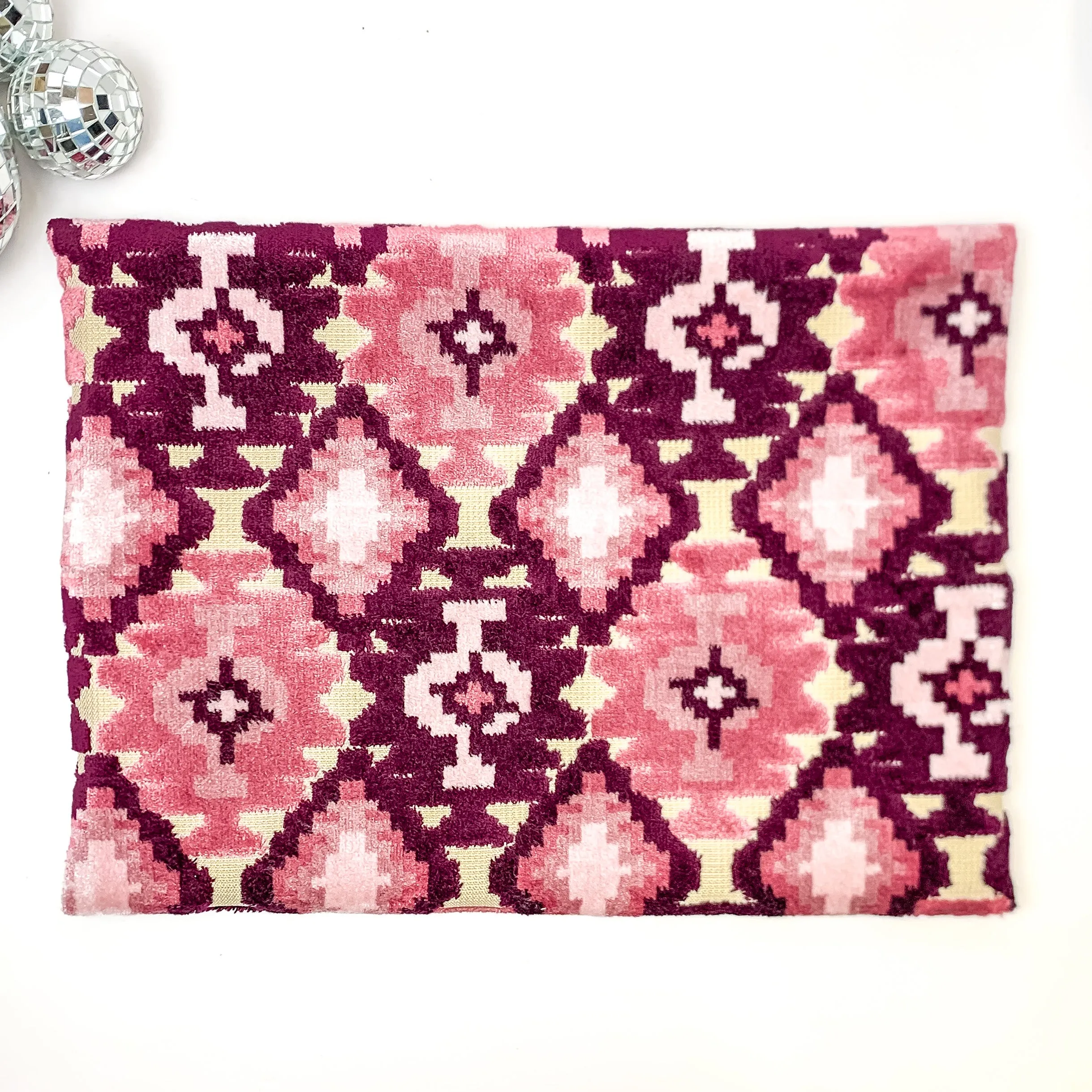 Makeup Junkie | Large Maroon Aztec Lay Flat Bag in Maroon and Pink Mix