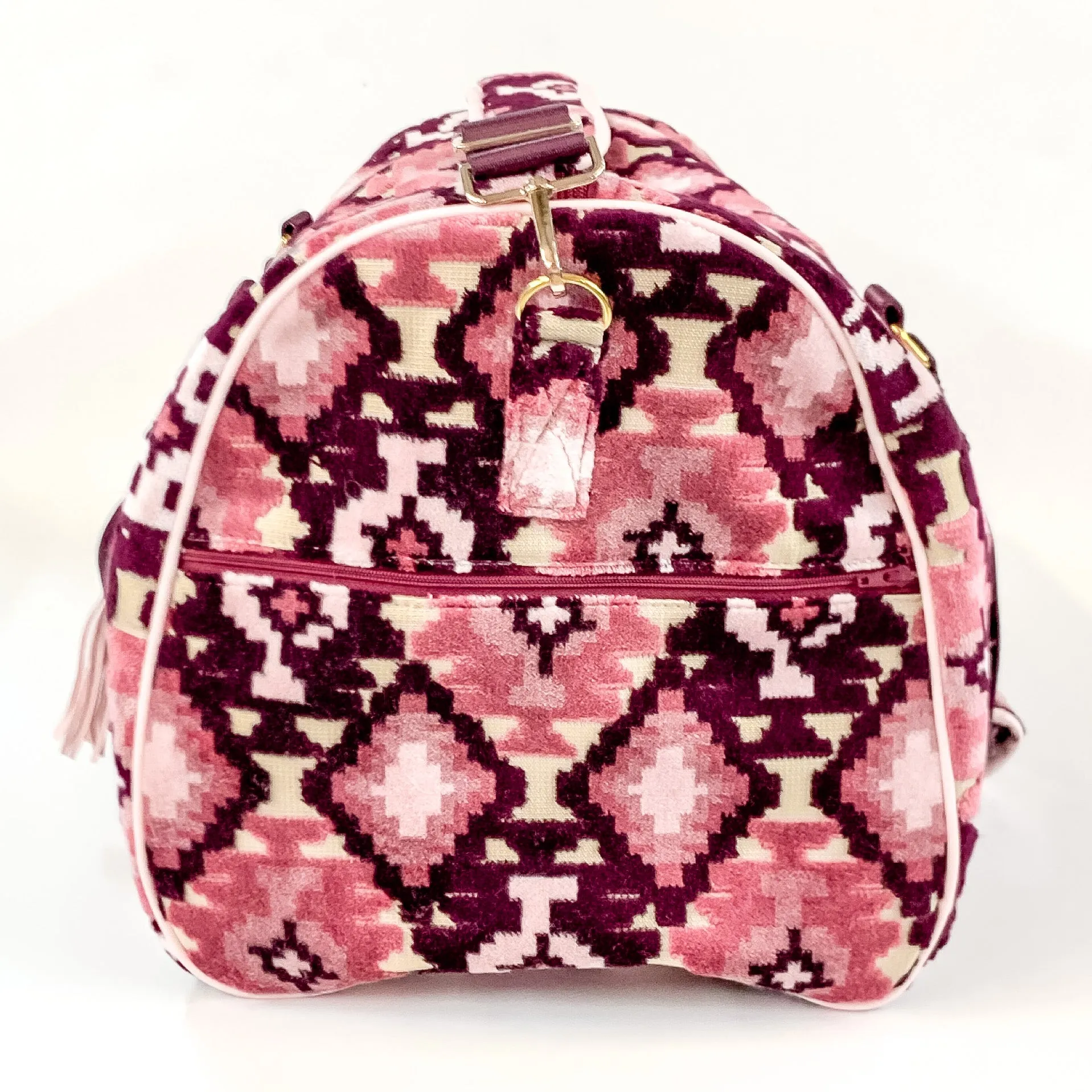 Makeup Junkie | Maroon Aztec Duffel Bag in Maroon and Pink Mix