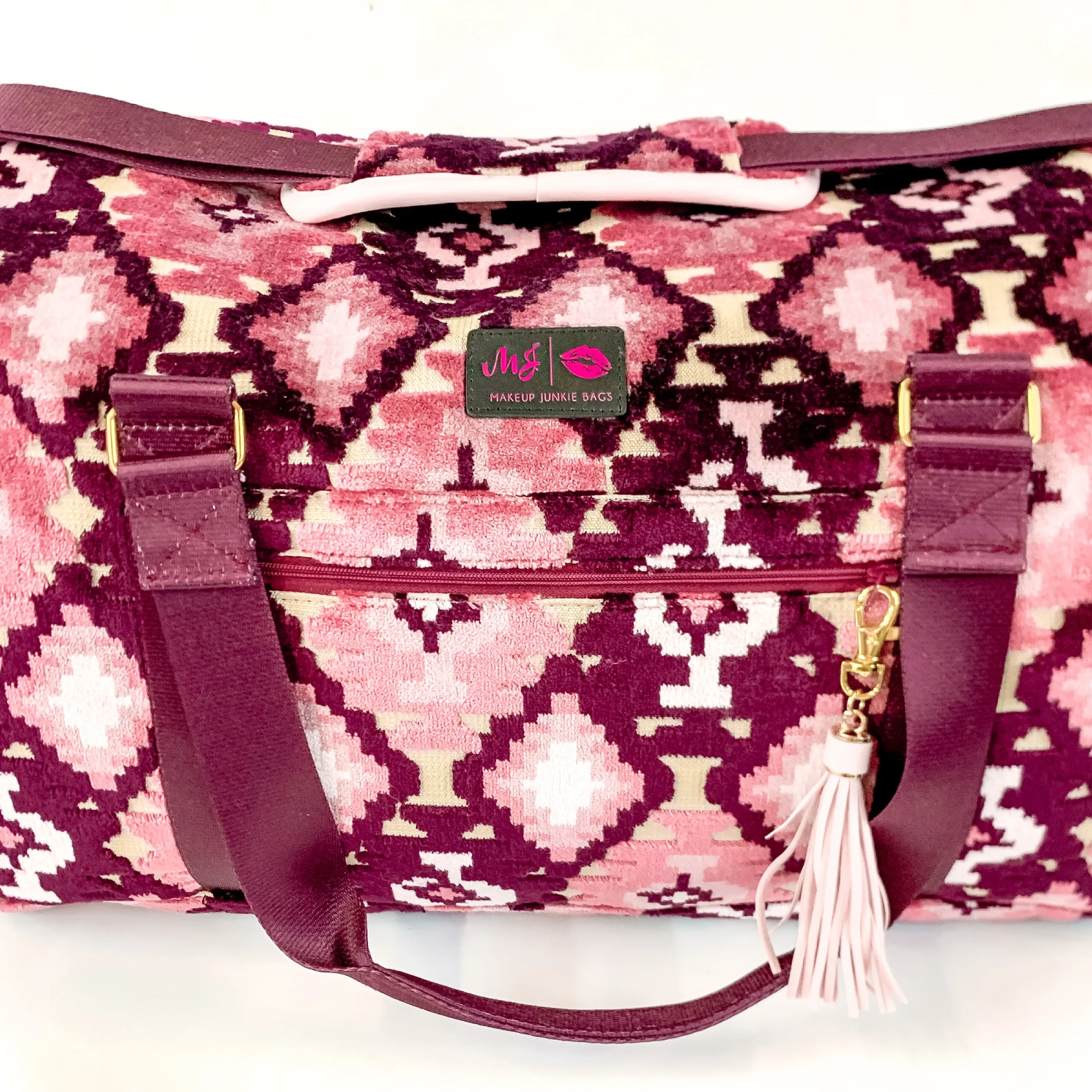 Makeup Junkie | Maroon Aztec Duffel Bag in Maroon and Pink Mix