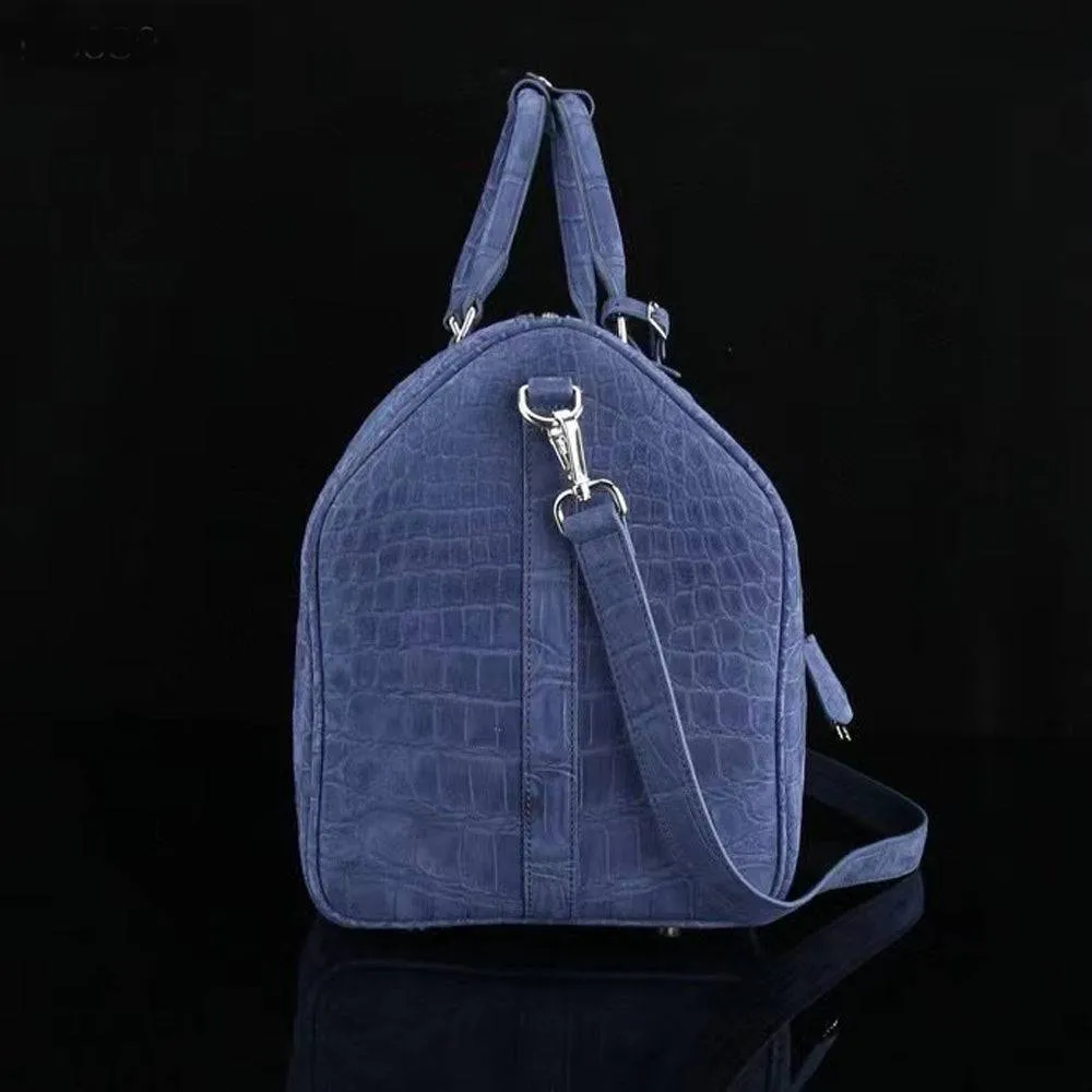 Men's Sanded Crocodile Leather Large Travel Duffle Bag Dark Blue