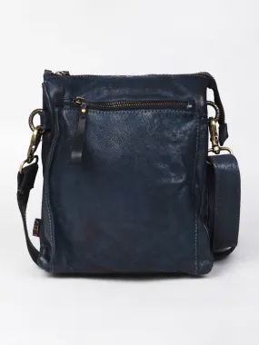 Navy Blue Washed Veg Tan Leather Multiple Compartment Crossbody