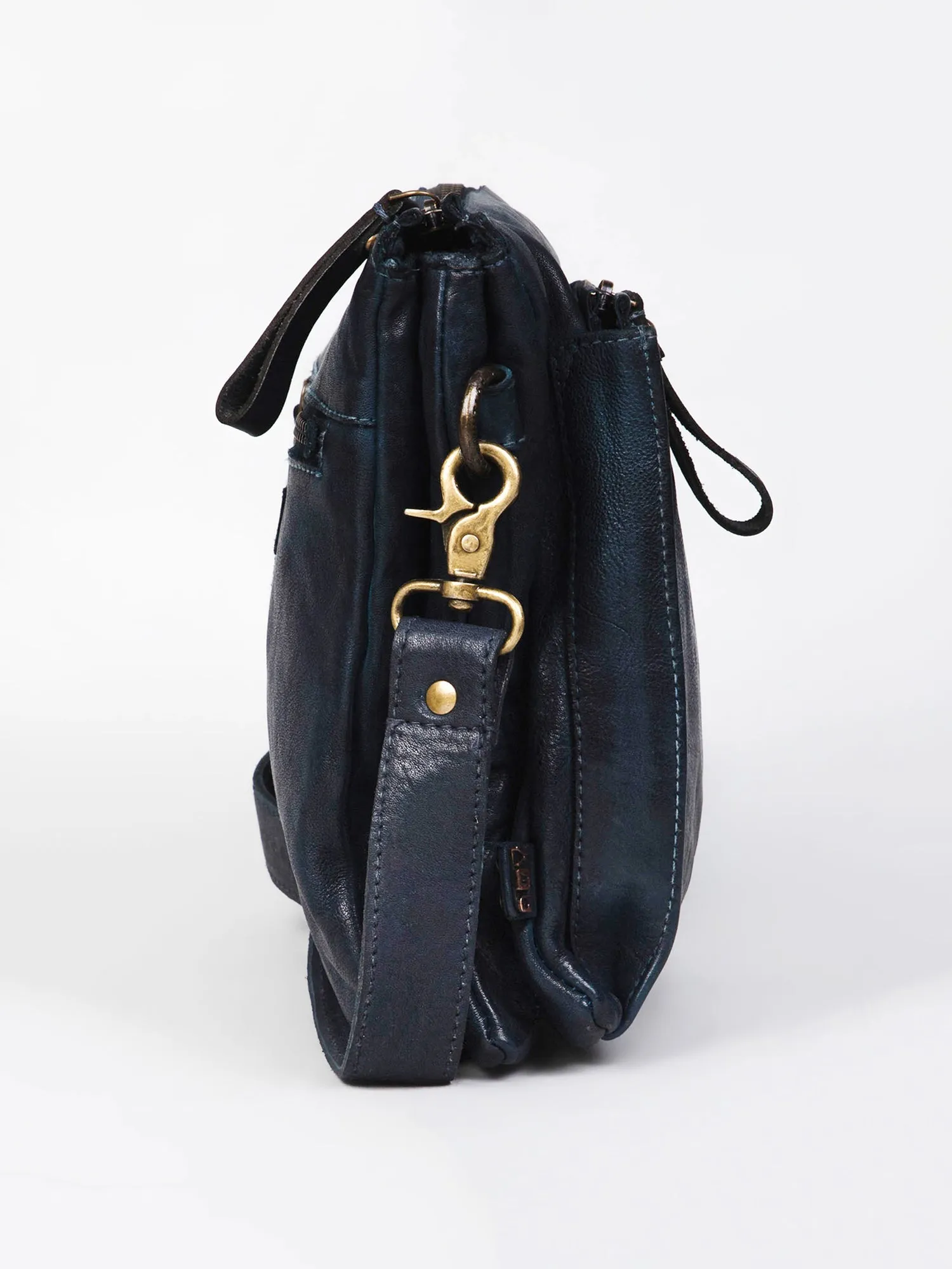 Navy Blue Washed Veg Tan Leather Multiple Compartment Crossbody