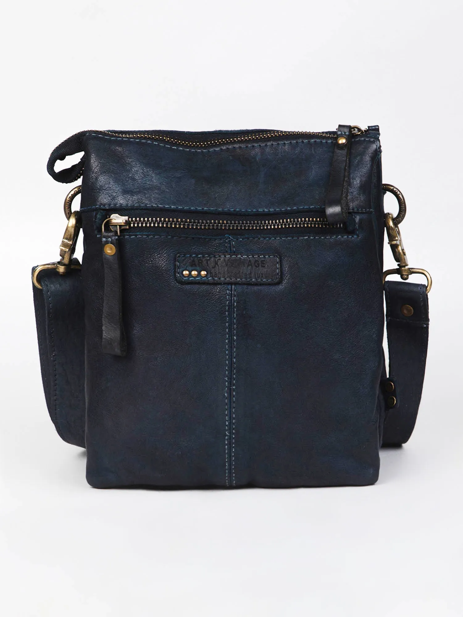 Navy Blue Washed Veg Tan Leather Multiple Compartment Crossbody