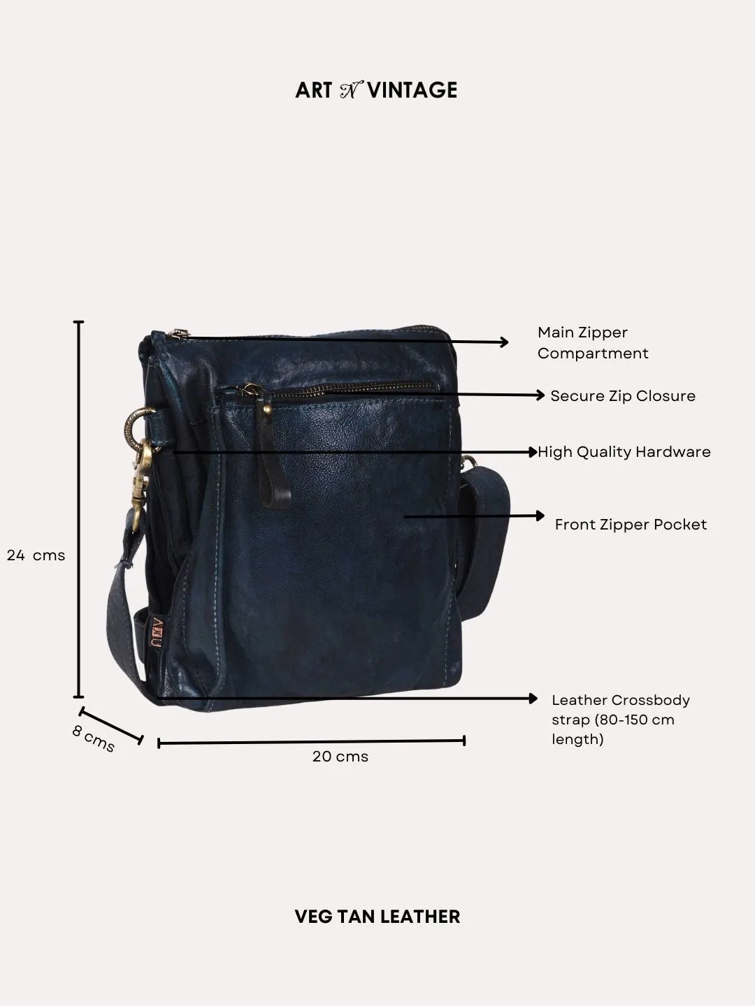 Navy Blue Washed Veg Tan Leather Multiple Compartment Crossbody