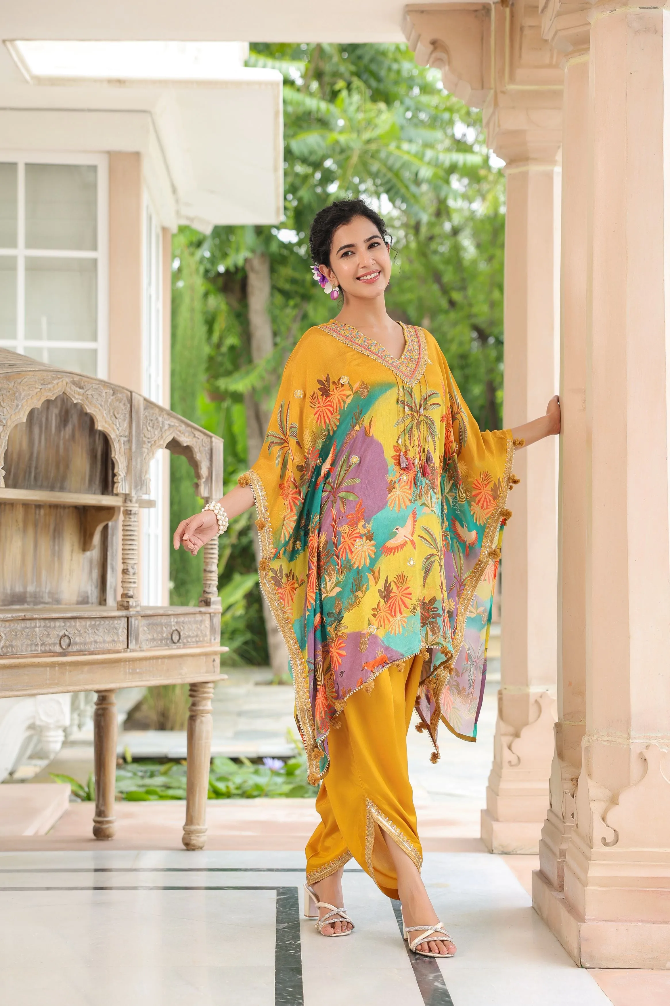 Ochre Yellow Floral Printed Chinon Silk Kaftan Set