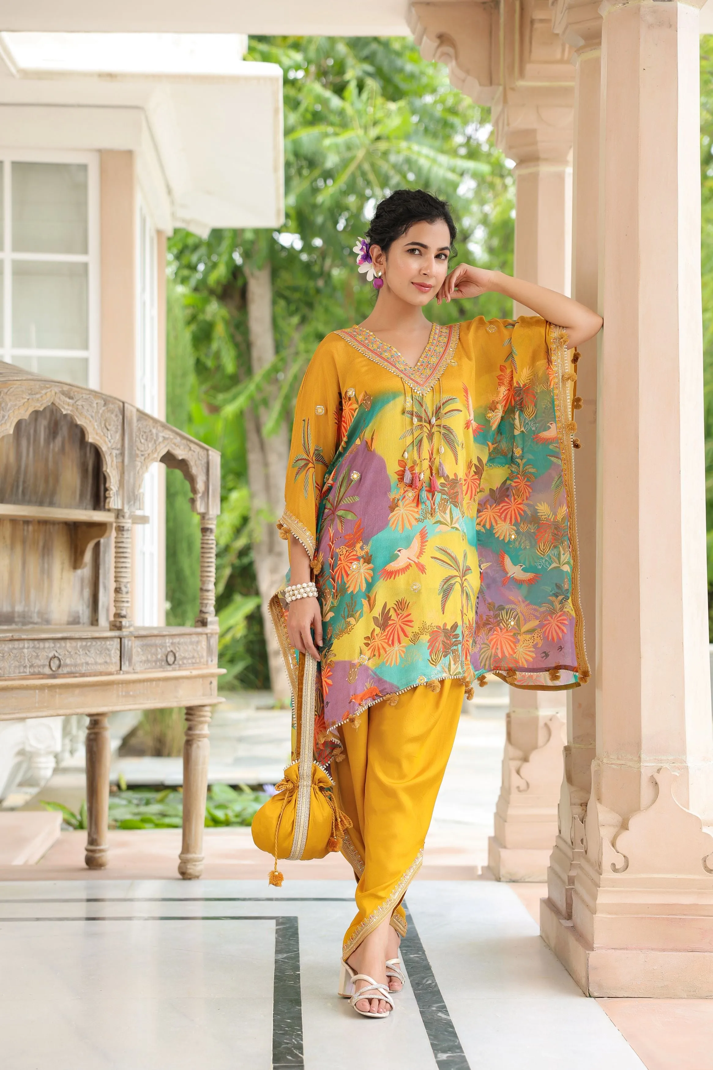 Ochre Yellow Floral Printed Chinon Silk Kaftan Set