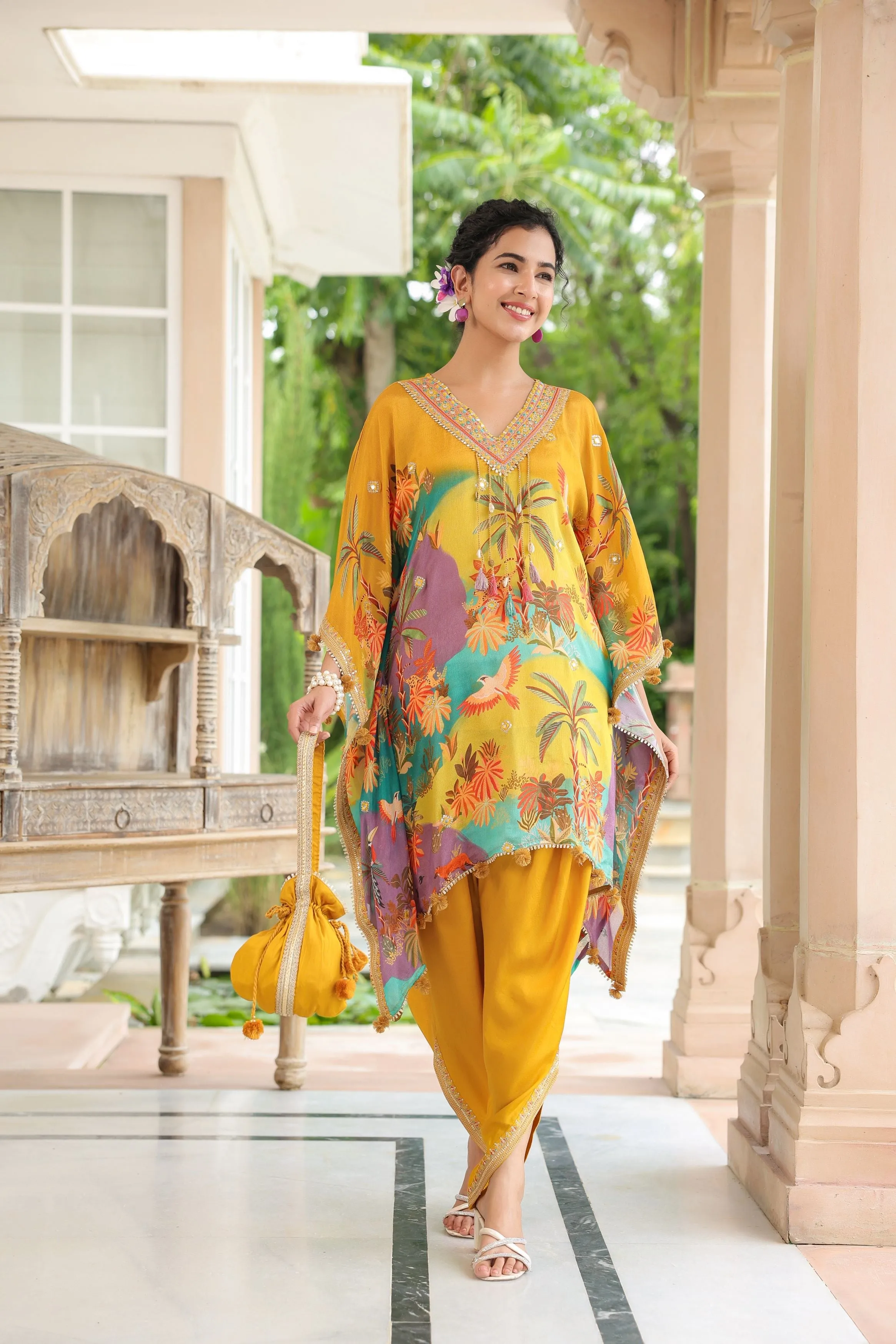 Ochre Yellow Floral Printed Chinon Silk Kaftan Set