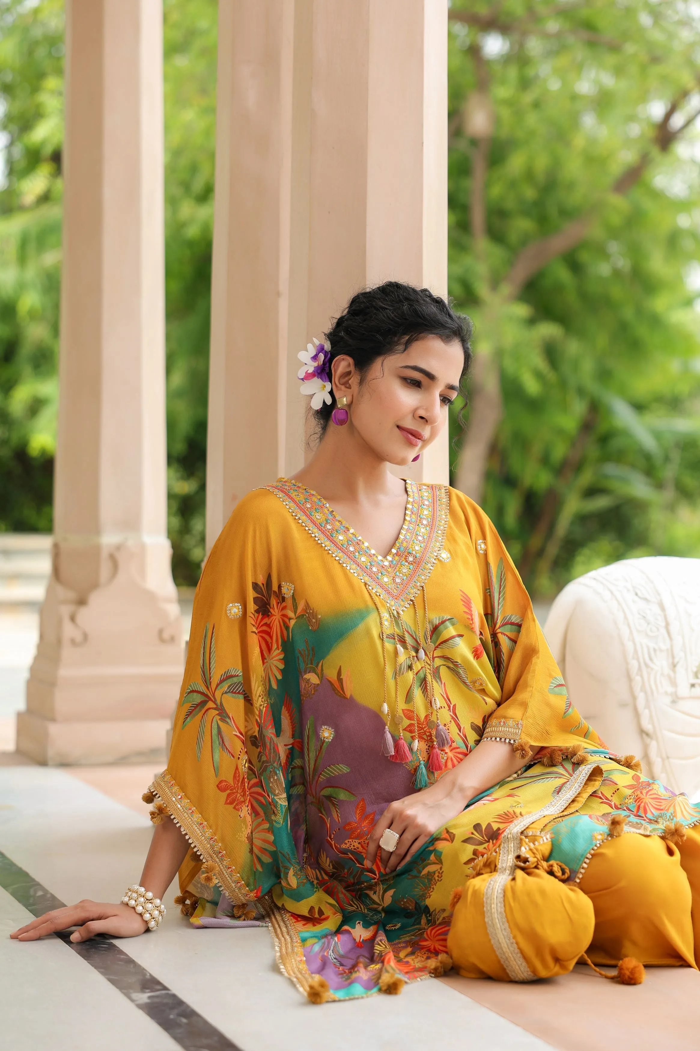 Ochre Yellow Floral Printed Chinon Silk Kaftan Set