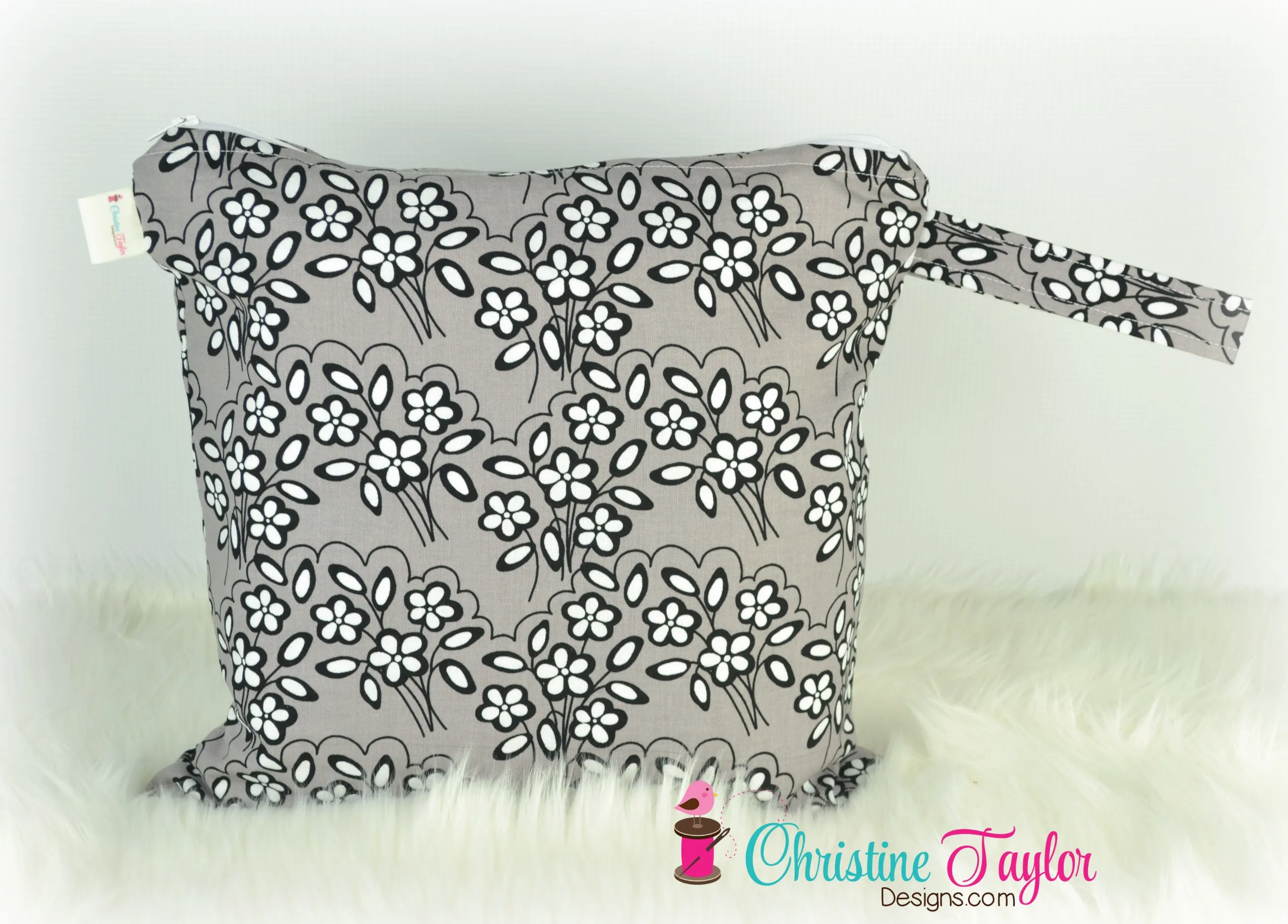 Ready Made MEDIUM SIZE Wet Bag - Grey Black Flowers