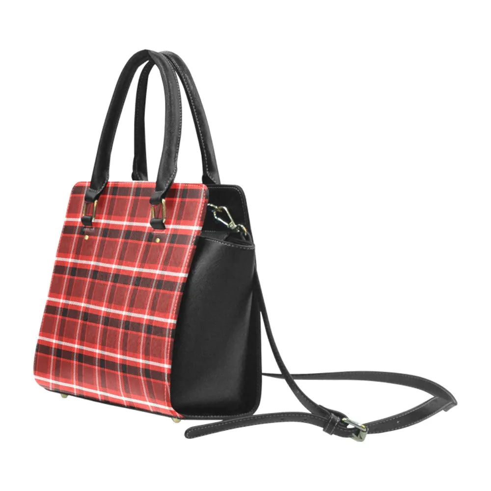 Red Plaid Shoulder Purse Handbag, Black Buffalo Check Checkered High Grade Vegan Leather Designer Women Satchel Top Handle Zip Bag Strap