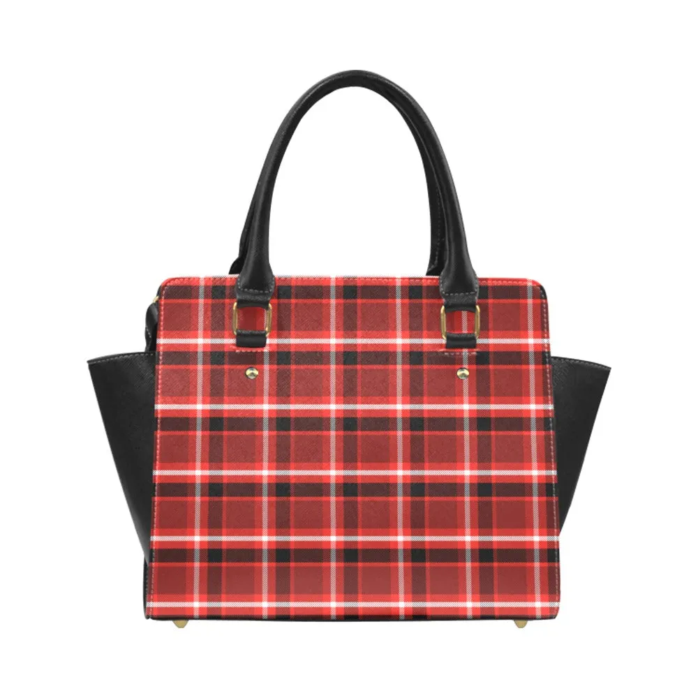 Red Plaid Shoulder Purse Handbag, Black Buffalo Check Checkered High Grade Vegan Leather Designer Women Satchel Top Handle Zip Bag Strap