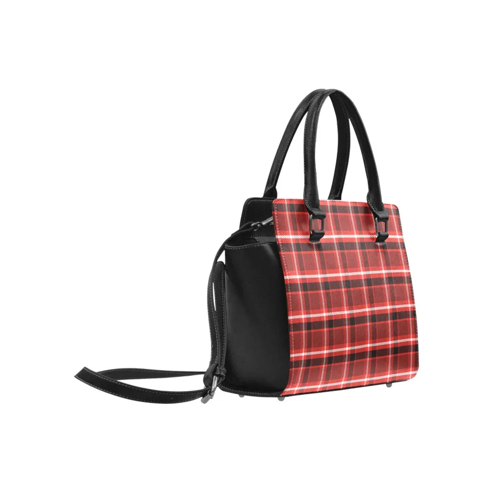 Red Plaid Shoulder Purse Handbag, Black Buffalo Check Checkered High Grade Vegan Leather Designer Women Satchel Top Handle Zip Bag Strap