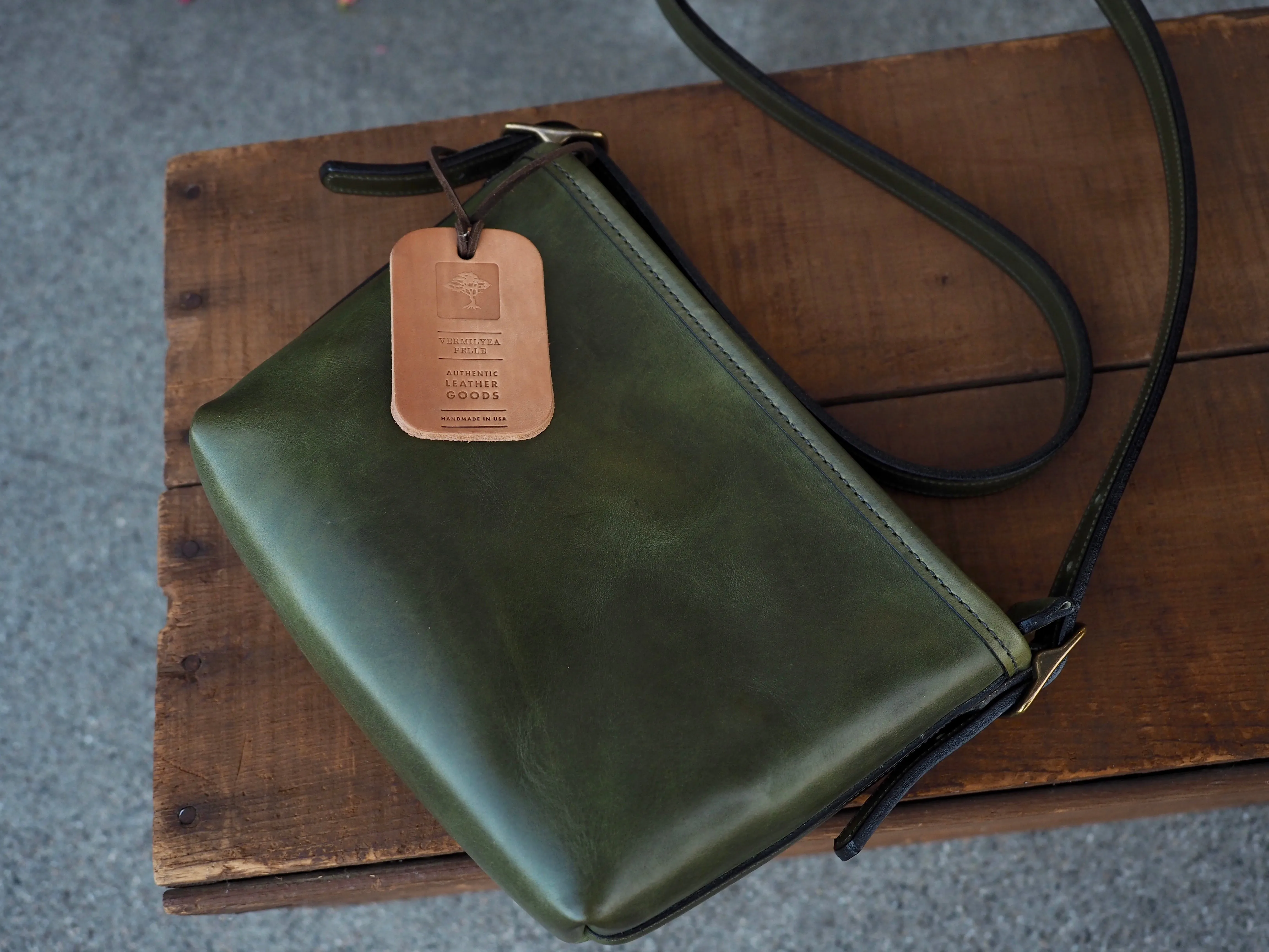 Small Cross Body Purse in Olive Italian Vachetta