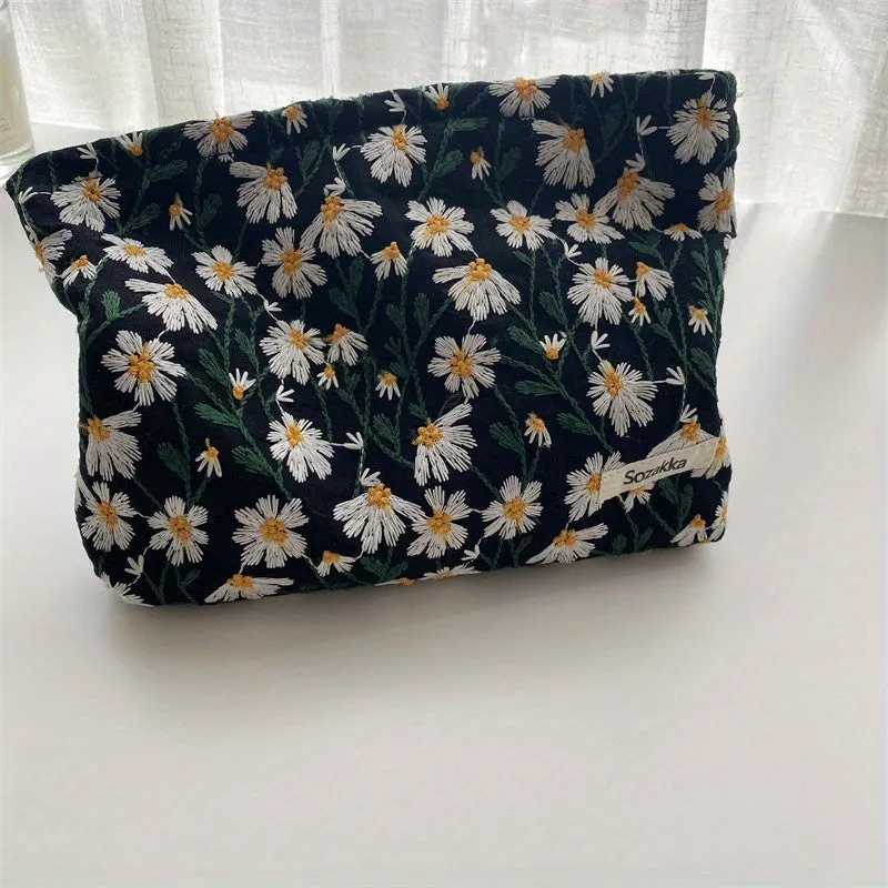 Stylish Daisy Embroidered Makeup Pouch for Travel  Toiletries