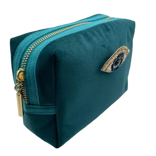 Teal Velvet Makeup Bag w/ Golden Eye Pin