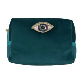 Teal Velvet Makeup Bag w/ Golden Eye Pin