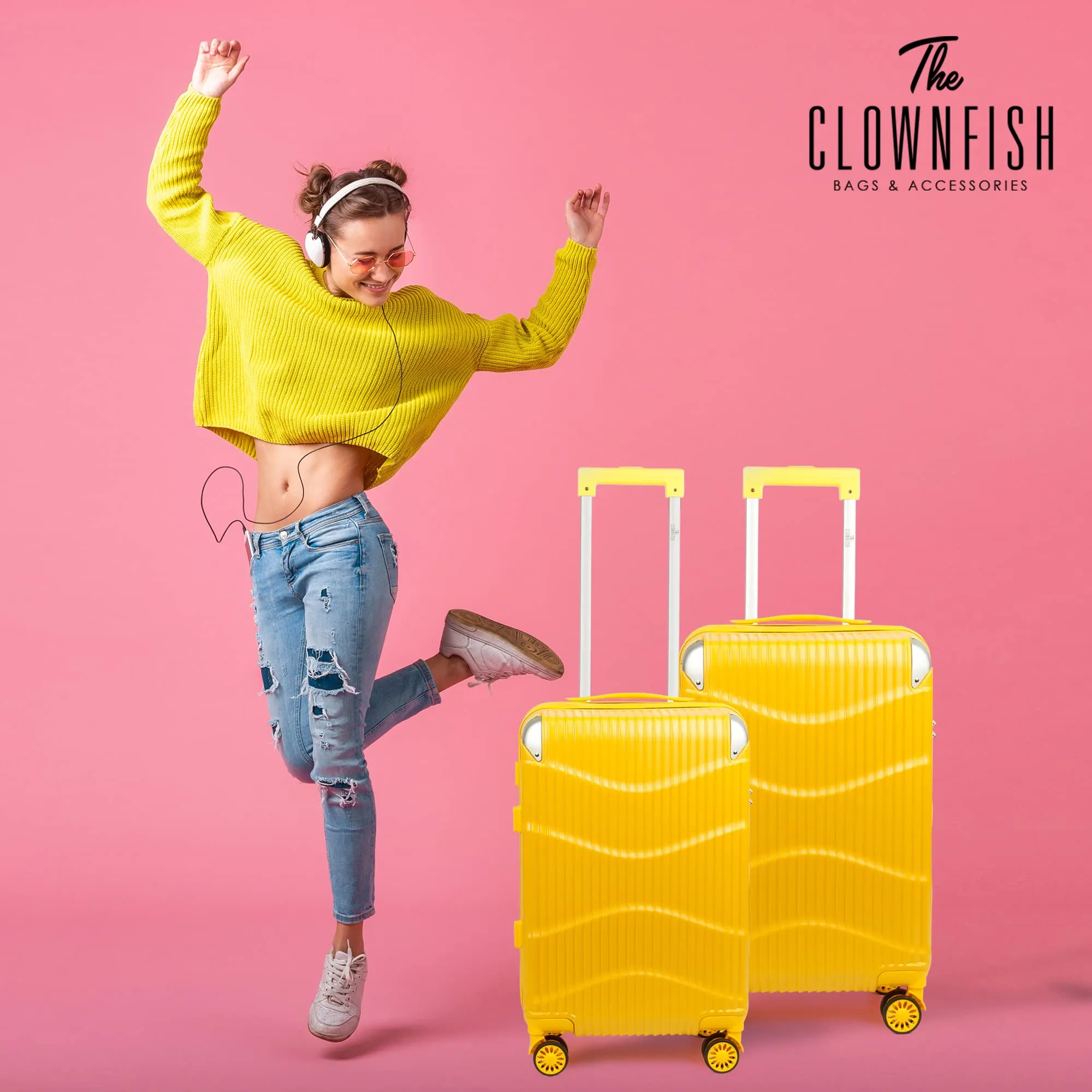 THE CLOWNFISH Combo of 2 Ballard Series Luggage ABS & Polycarbonate Exterior Suitcases Eight Wheel Trolley Bags with TSA Lock- Yellow (Medium 65 cm-26 inch, Small 55 cm-22 inch)