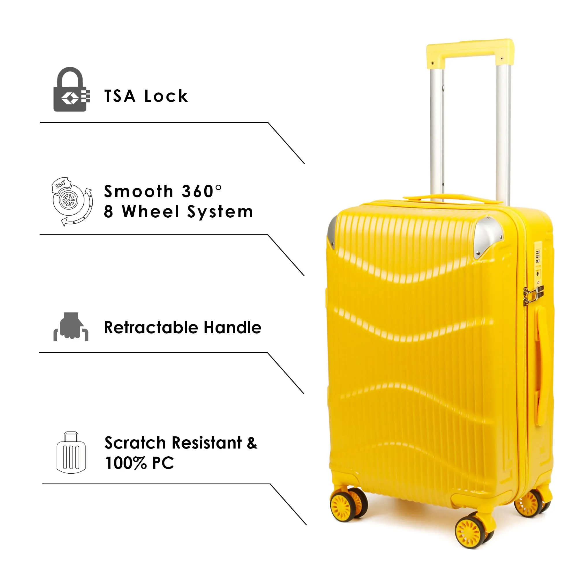 THE CLOWNFISH Combo of 2 Ballard Series Luggage ABS & Polycarbonate Exterior Suitcases Eight Wheel Trolley Bags with TSA Lock- Yellow (Medium 65 cm-26 inch, Small 55 cm-22 inch)