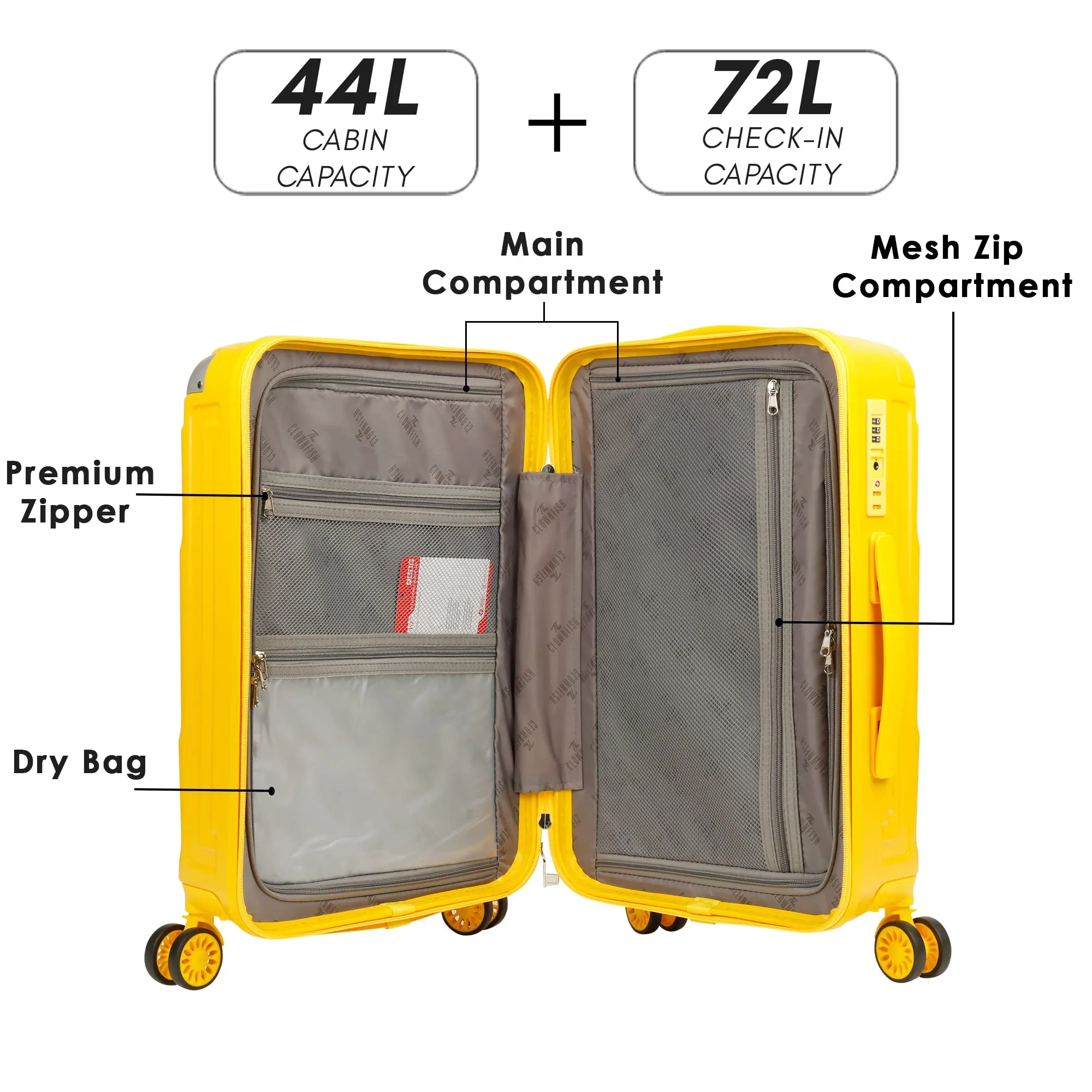 THE CLOWNFISH Combo of 2 Ballard Series Luggage ABS & Polycarbonate Exterior Suitcases Eight Wheel Trolley Bags with TSA Lock- Yellow (Medium 65 cm-26 inch, Small 55 cm-22 inch)