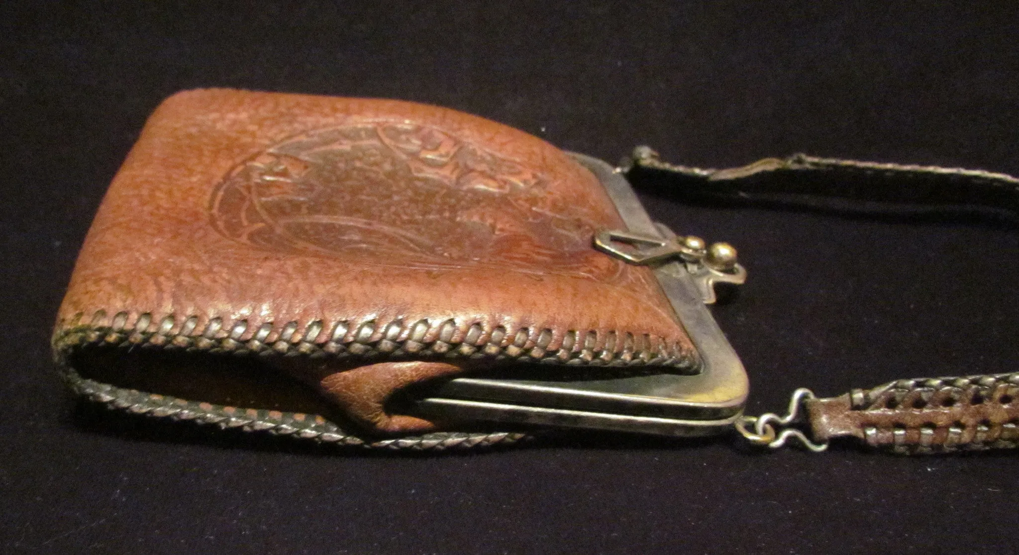 Tooled Leather Purse 1921 Art Nouveau Handbag Vintage Parrot Purse Antique Leather