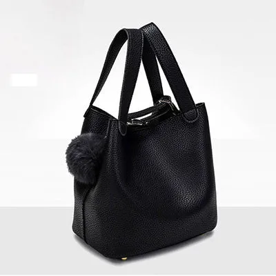 Top-Handle Women Bags Fashion Pu Women's Leather Handbags Black Women Bag Tassel Fur Bag Ball High Quality Small Bucket Bags Sac