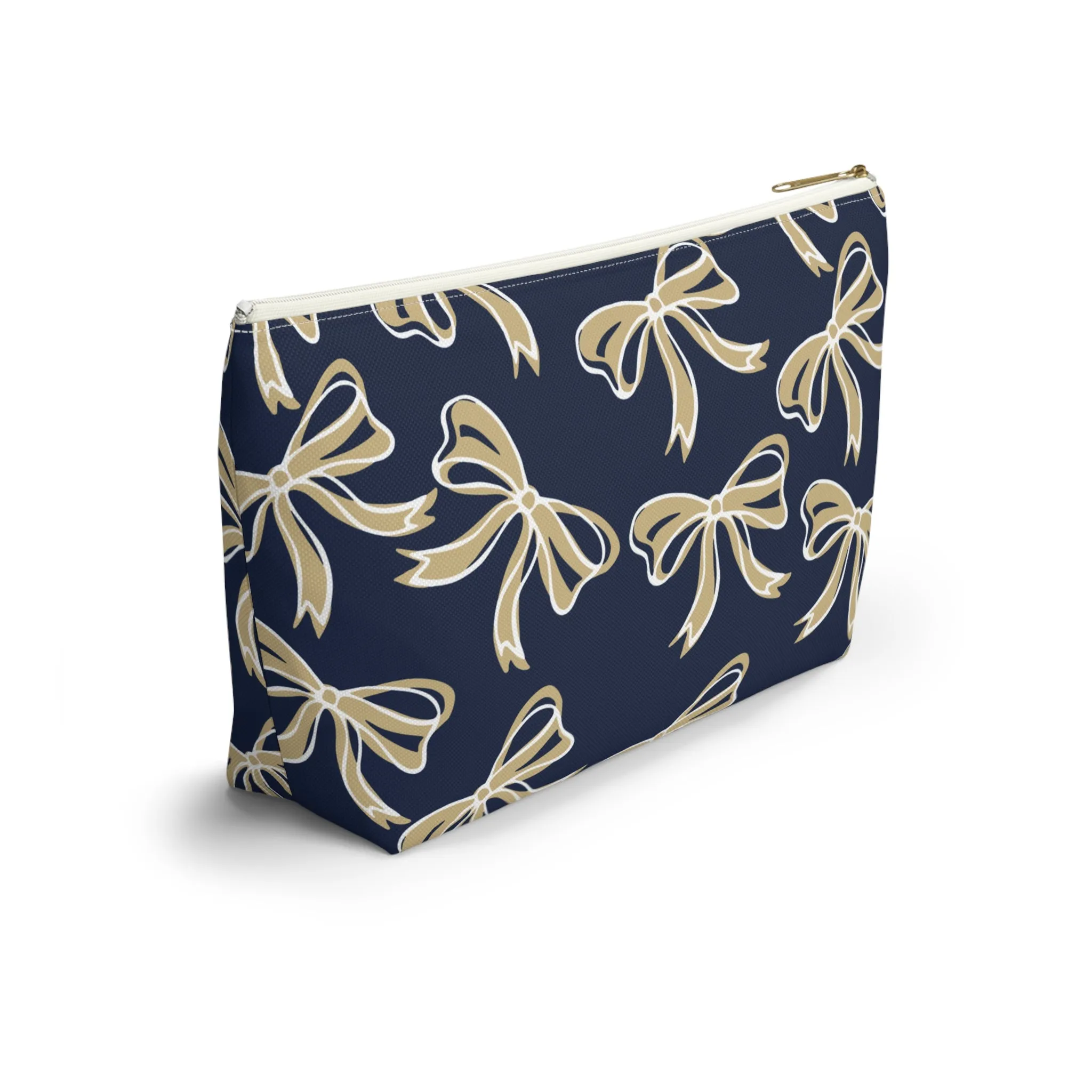 Trendy Bow Makeup Bag - Graduation Gift, Bed Party Gift, Acceptance Gift, College Gift, Navy and Gold, GW University, Bow Aesthetic