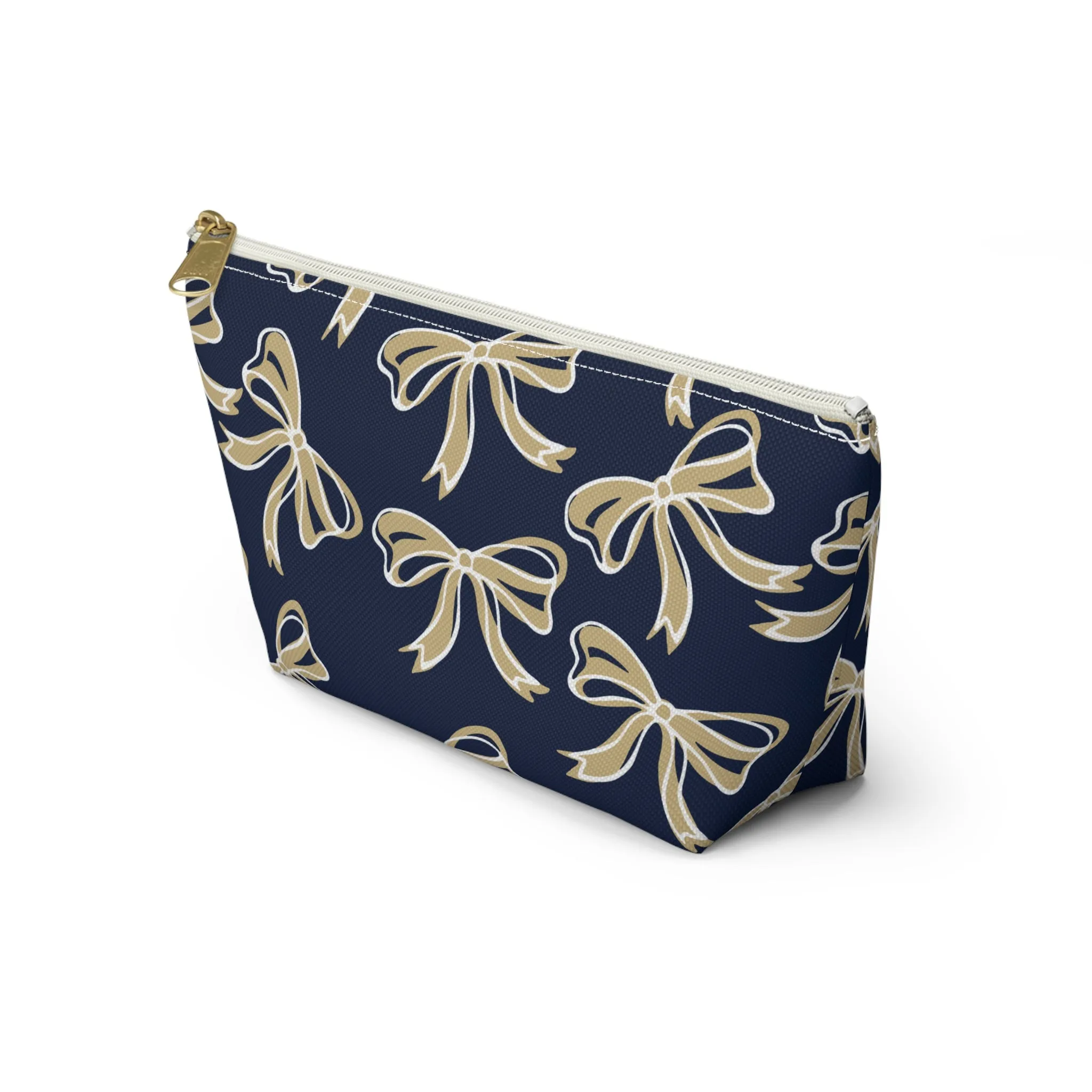 Trendy Bow Makeup Bag - Graduation Gift, Bed Party Gift, Acceptance Gift, College Gift, Navy and Gold, GW University, Bow Aesthetic